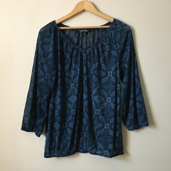 Moody Blue Semi Sheer V-neck Tribal Boho Blouse - Picture 1 of 15